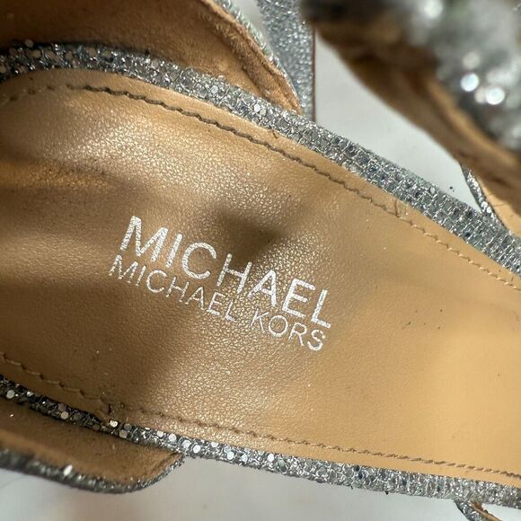 Michael Kors Open Toe Strappy Heel Glitter Silver Size 8M - 4.5" Heel - Picture 14 of 16